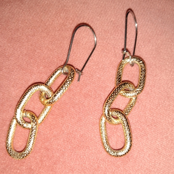 Gold Trio Link Dangle Handmade Earrings Stainless Steel Wires New - Picture 2 of 6